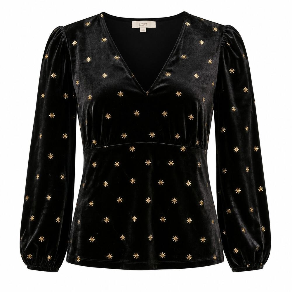 LOFT XL Black Velvet Gold Starburst Celestial Whimsigoth Puff Sleeve Blouse